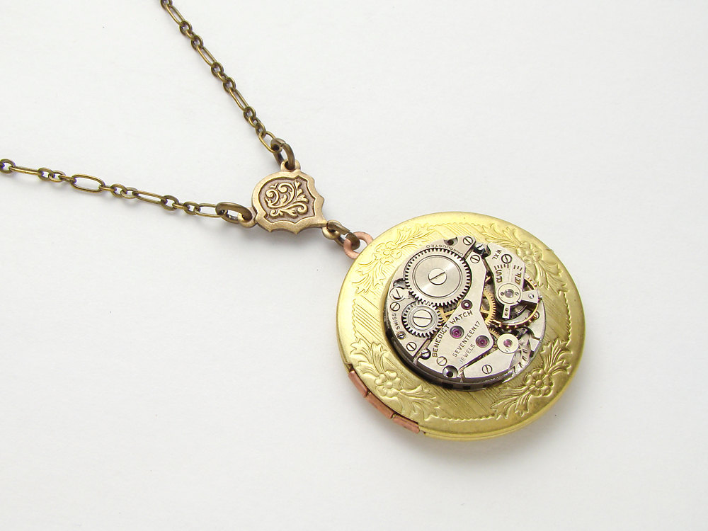 Steampunk Locket Necklace antique silver watch movement gears leaf gold brass round pendant jewelry