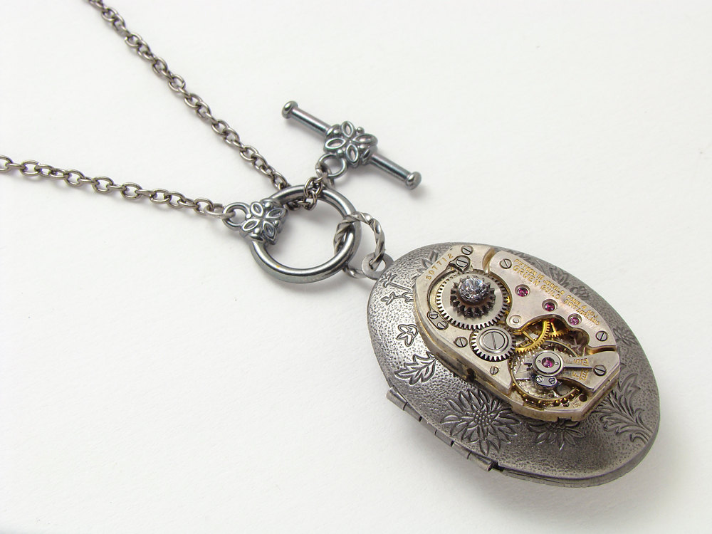 Steampunk locket necklace antique watch movement gears flowers leaf Swarovski crystal