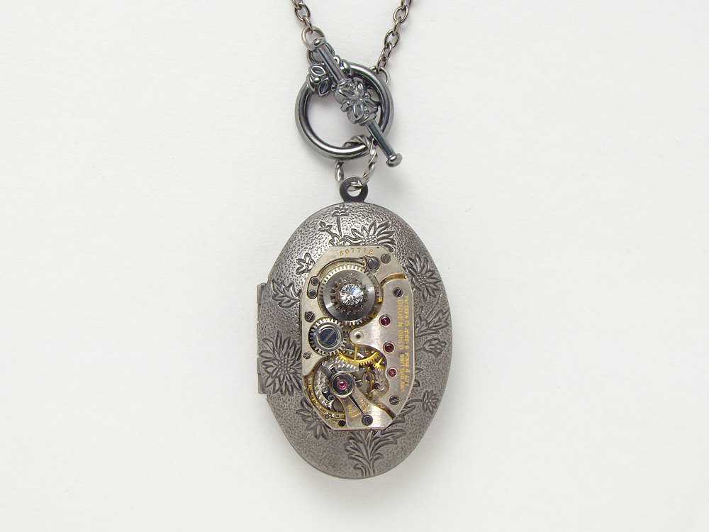 Steampunk locket necklace antique watch movement gears flowers leaf Swarovski crystal