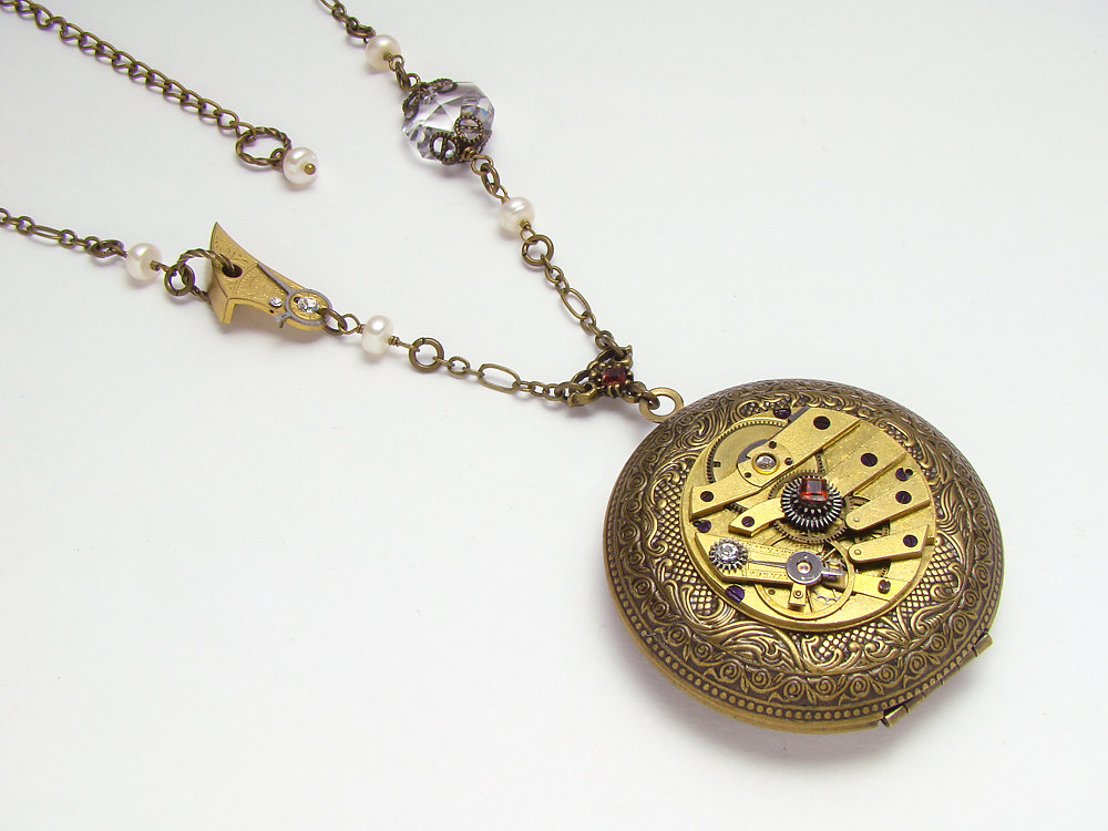 Steampunk Locket Necklace gold brass key watch movement gears pearls garnet Swarovski crystal