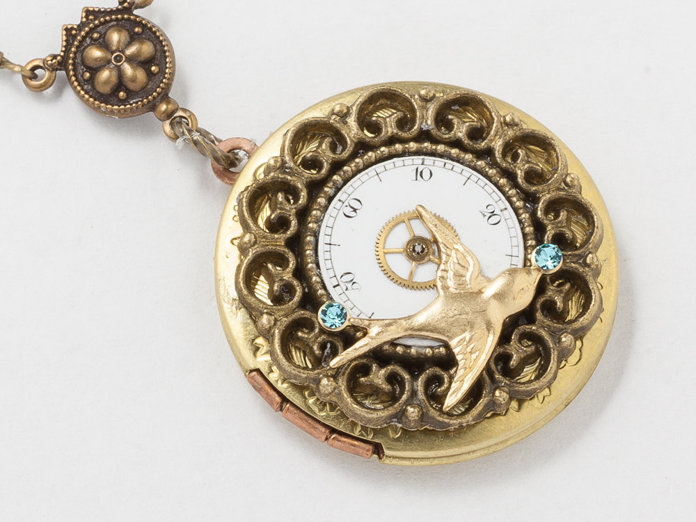 Steampunk Locket Necklace Pocket Watch gears face dial blue crystal gold bird charm locket filigree pendant Steampunk Jewelry