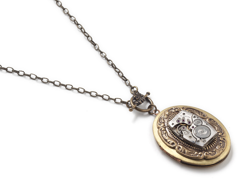 Steampunk Locket necklace silver antique Elgin watch oval gold brass