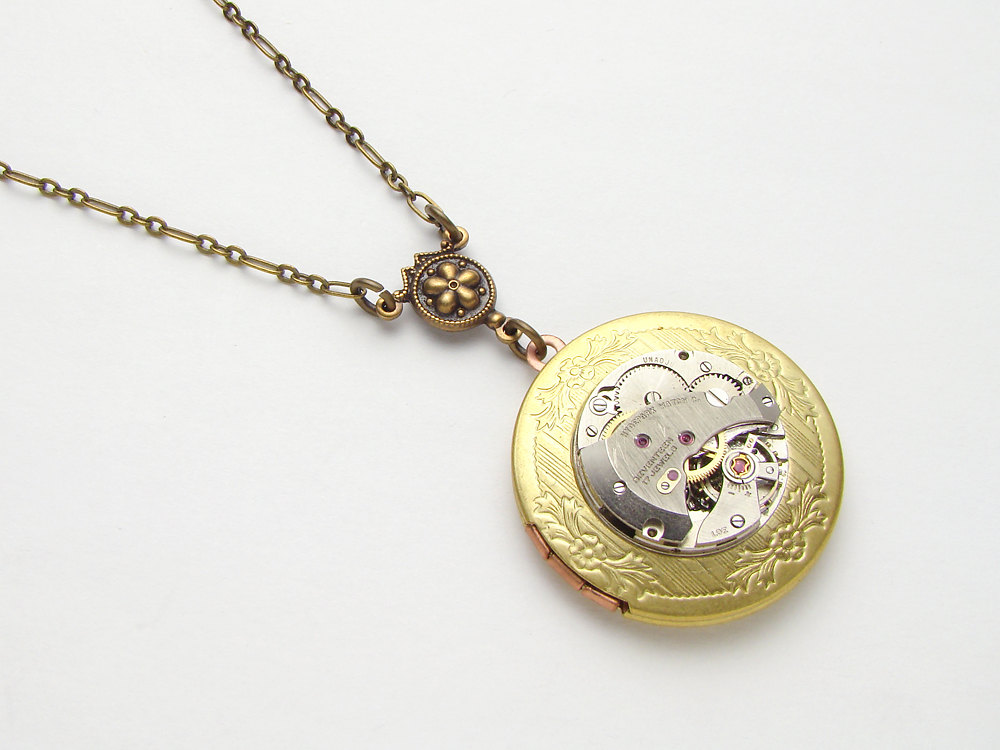 Steampunk Locket Necklace silver watch movement gears antique 1940 brass flower leaf gold round