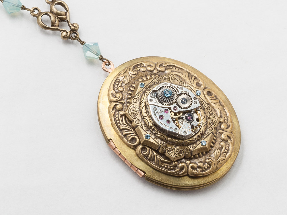 Steampunk Locket Necklace silver watch movement gears gold filigree flower leaf blue opal crystal Statement Steampunk Jewelry