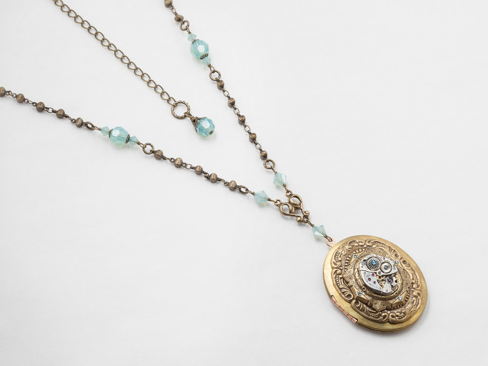Steampunk Locket Necklace silver watch movement gears gold filigree flower leaf blue opal crystal Statement Steampunk Jewelry