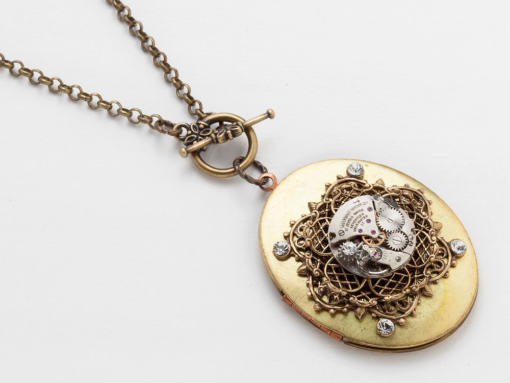 Steampunk Locket Necklace silver watch movement gears oval gold brass filigree flower crystal