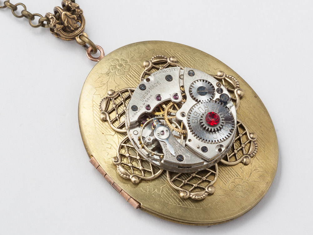 Steampunk Locket Necklace silver watch movement gears oval gold filigree flower red crystal