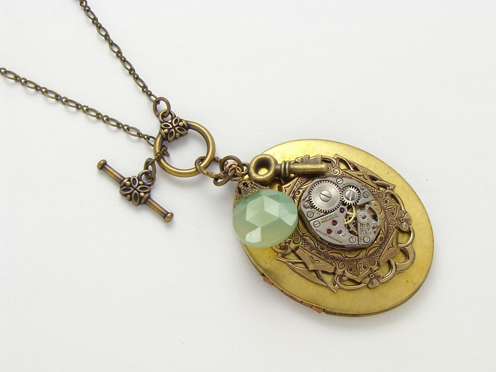 Steampunk Locket Necklace silver watch movement gears oval gold skeleton key green agate