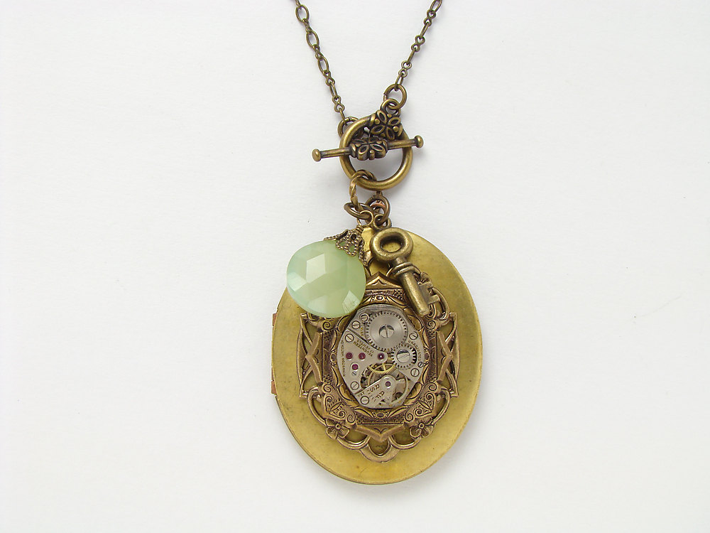 Steampunk Locket Necklace silver watch movement gears oval gold skeleton key green agate