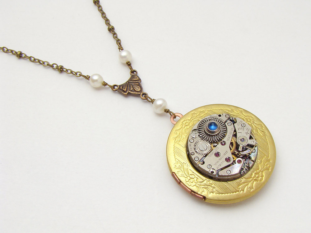 Steampunk Locket Necklace silver watch movement gears pearls blue sapphire leaf gold brass pendant jewelry