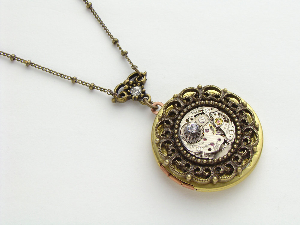 Steampunk Locket Necklace silver watch movement gears Swarovski crystal gold brass filigree round