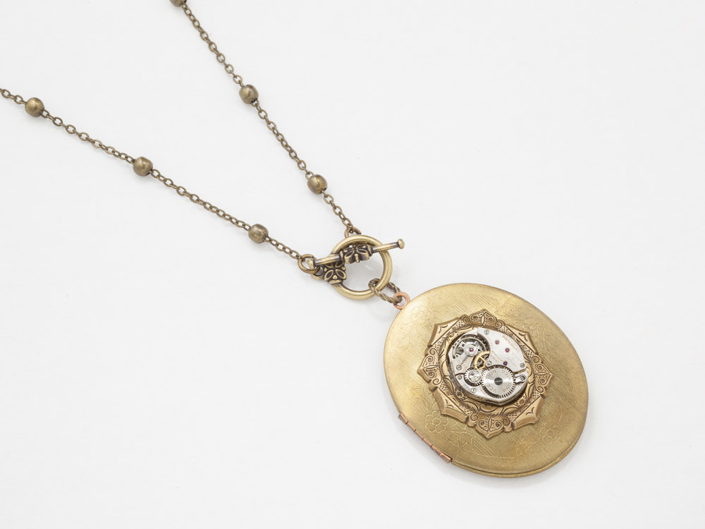 Steampunk Locket Necklace silver watch movement gold Oval Locket flower leaf Statement Necklace Steampunk Jewelry