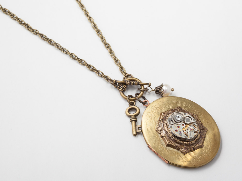 Steampunk Locket Necklace silver watch movement skeleton key gold filigree pearl crystal
