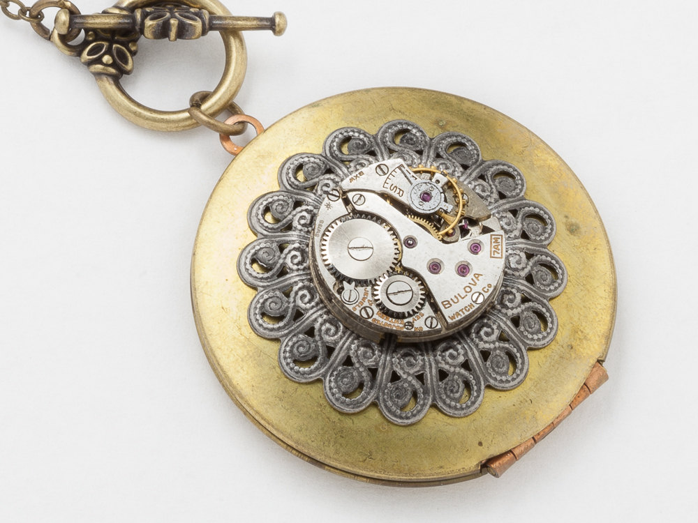 Steampunk Locket Necklacewatch movement ruby jewels gears gold locket silver filigree photo pendant Steampunk Jewelry