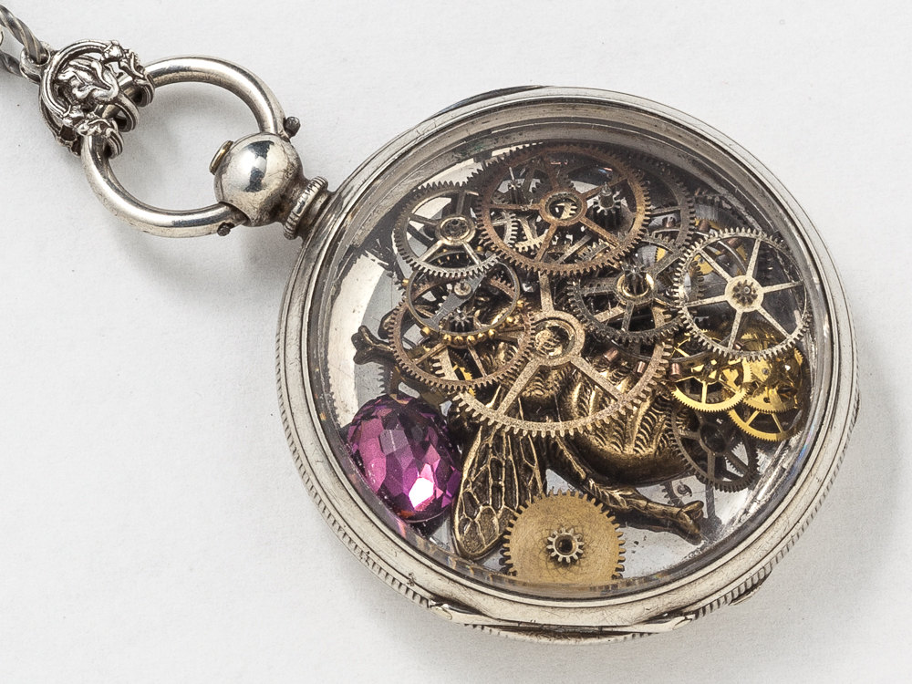Steampunk Locket Pocket Watch Case Necklace in Sterling Silver Engraved Flowers with Gold Bumble Bee Gears Amethyst
