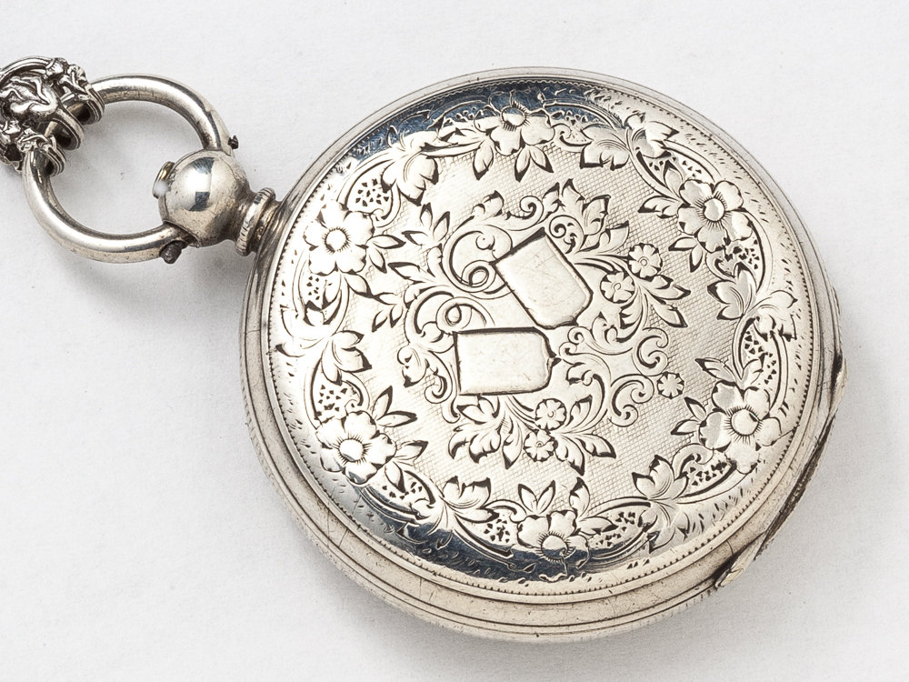 Steampunk Locket Pocket Watch Case Necklace in Sterling Silver Engraved Flowers with Gold Bumble Bee Gears Amethyst