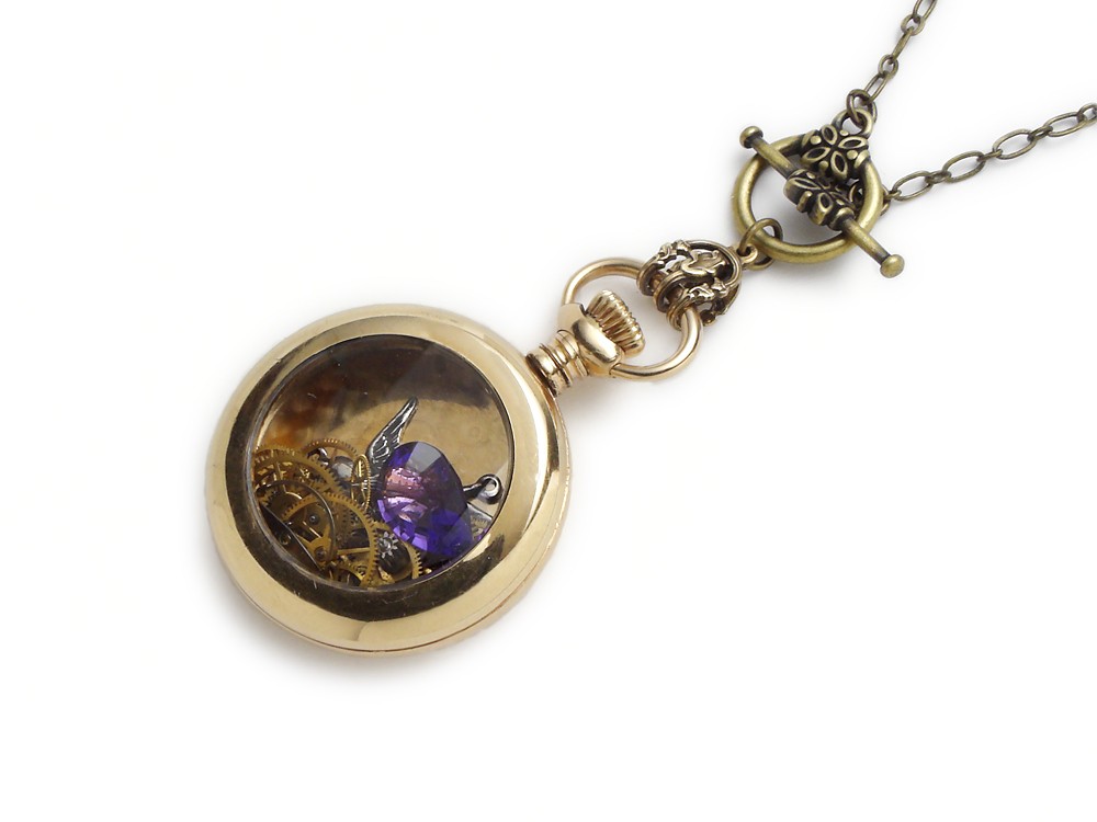 Steampunk Necklace 14K gold filled antique pocket watch case gears circa 1900 silver swallow bird genuine faceted pear shape purple amethyst filigree bail lariat vintage pendant