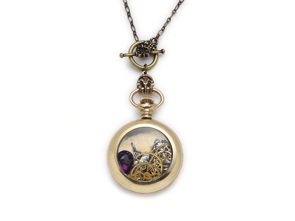 Steampunk Necklace 14K gold filled antique pocket watch case gears circa 1900 silver swallow bird genuine faceted pear shape purple amethyst filigree bail lariat vintage pendant