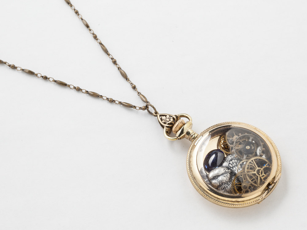 Steampunk Necklace 14k gold filled pocket watch movement case gears silver bird pendant blue sapphire locket necklace jewelry