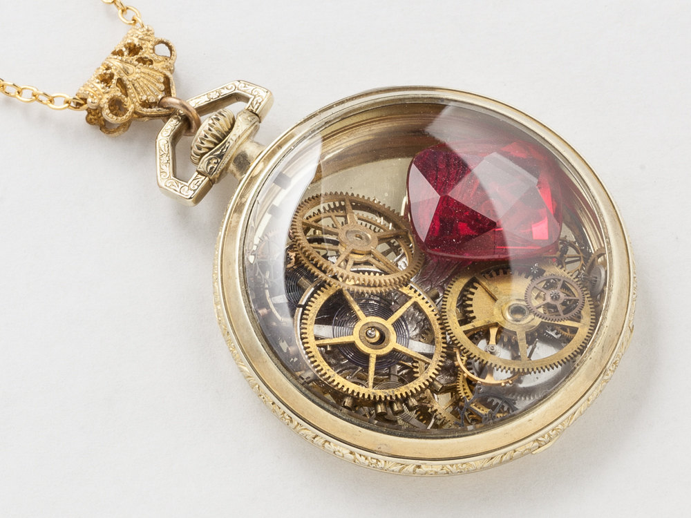 Steampunk Necklace 14k gold filled pocket watch movement case gears silver bird pendant red ruby locket necklace jewelry