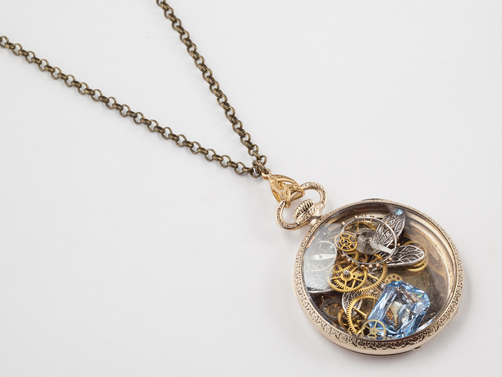 Steampunk Necklace 14k gold filled pocket watch movement case gears wheels silver dragonfly Blue Topaz locket Steampunk jewelry