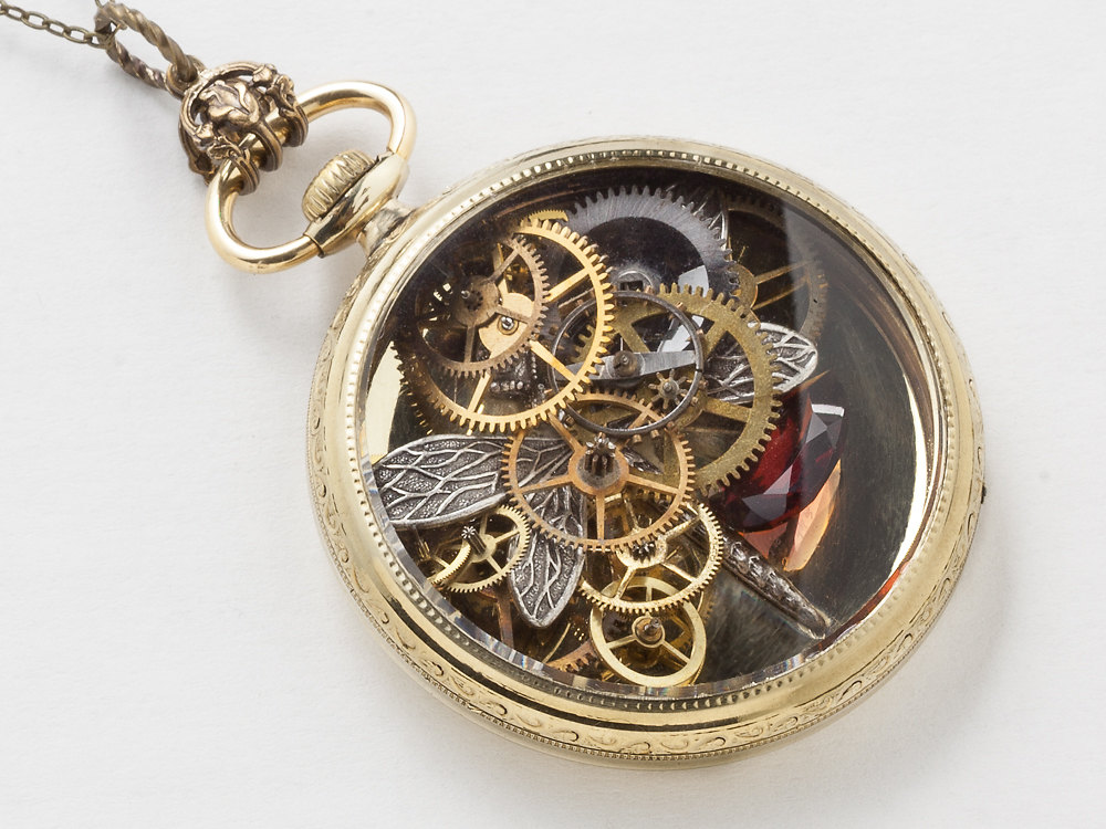 Steampunk Necklace 14k gold filled pocket watch movement case with gears wheels silver dragonfly Red Garnet locket