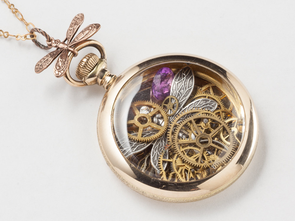 Steampunk Necklace 14k gold filled rose gold pocket watch movement case gears silver dragonfly amethyst pendant necklace