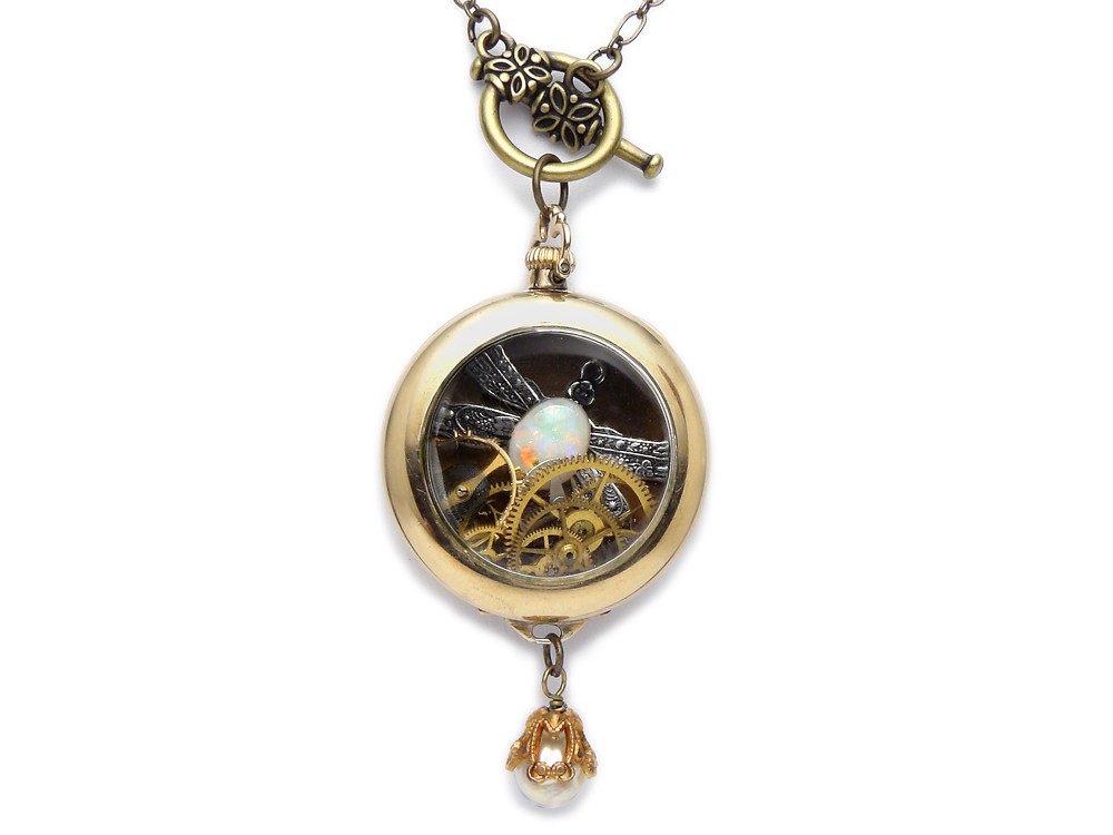 Steampunk Necklace 14k gold filled Victorian watch case watch parts gears antique 1900 silver dragonfly 1.0 carat genuine stunning Australian opal pearl gold filigree vintage pendant