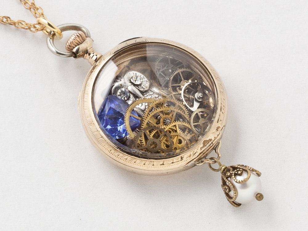 Steampunk Necklace 14k gold filled watch case gears blue Tanzanite silver owl pendant Victorian Statement necklace jewelry