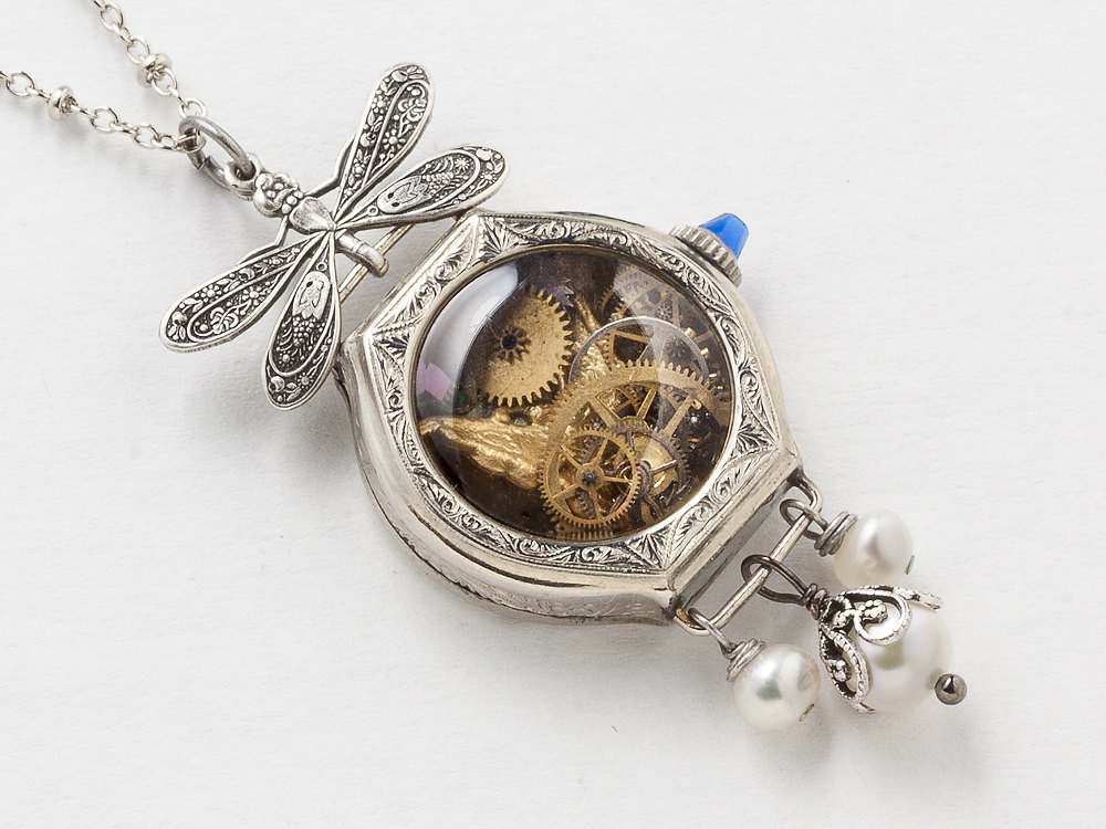 Steampunk Necklace 14k gold filled watch case gears butterfly charm mystic quartz pearls silver dragonfly pendant locket