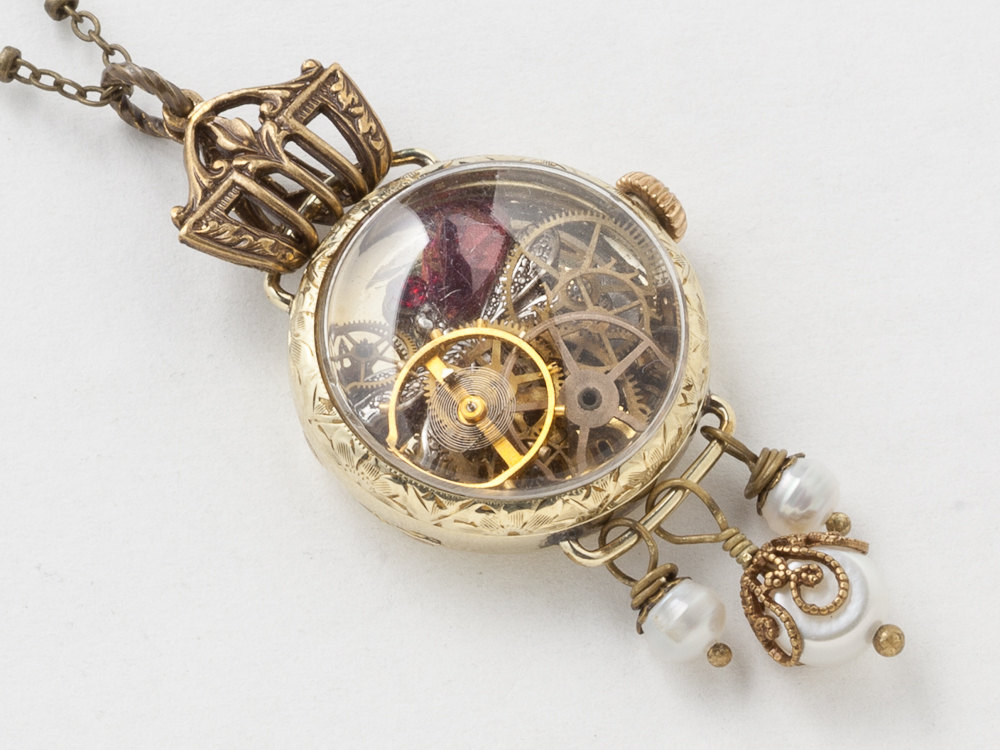 Steampunk Necklace 14k gold filled watch case gears red garnet pearls silver dragonfly pendant Victorian Statement necklace