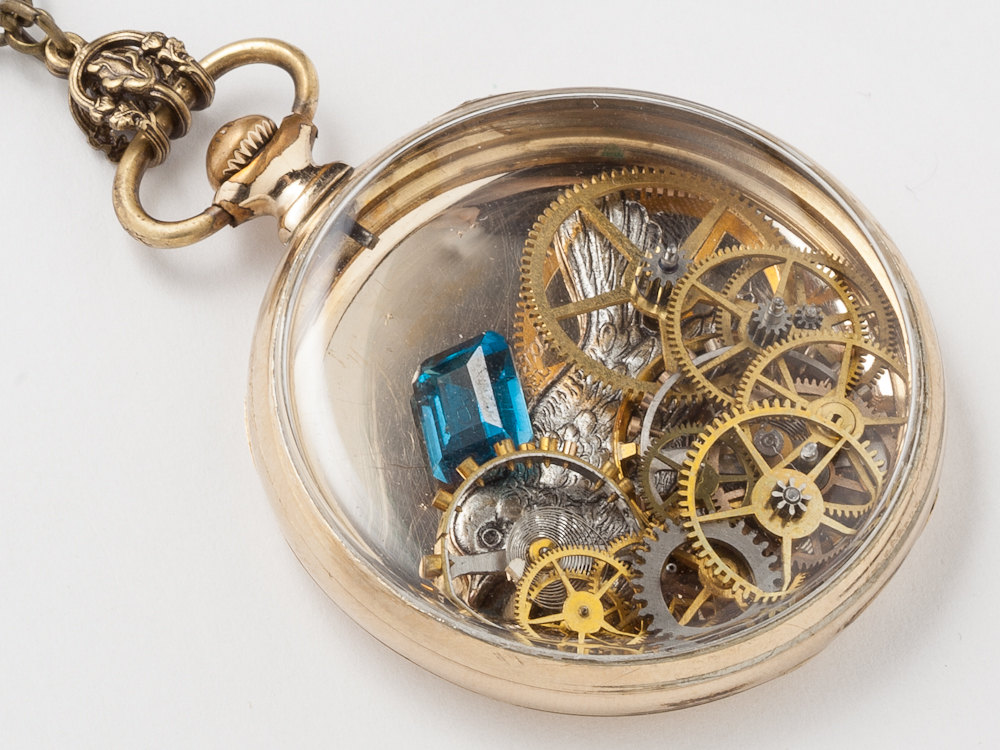 Steampunk Necklace 14k gold filled watch movement case gears silver bird Blue Topaz clockwork locket jewelry