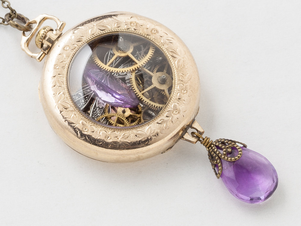 Steampunk Necklace 14k gold filled watch movement case gears silver dragonfly Amethyst pendant Victorian Statement necklace