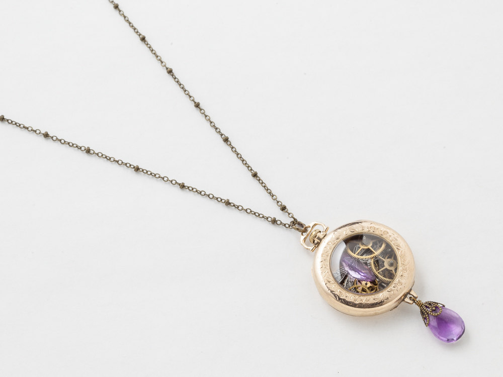 Steampunk Necklace 14k gold filled watch movement case gears silver dragonfly Amethyst pendant Victorian Statement necklace