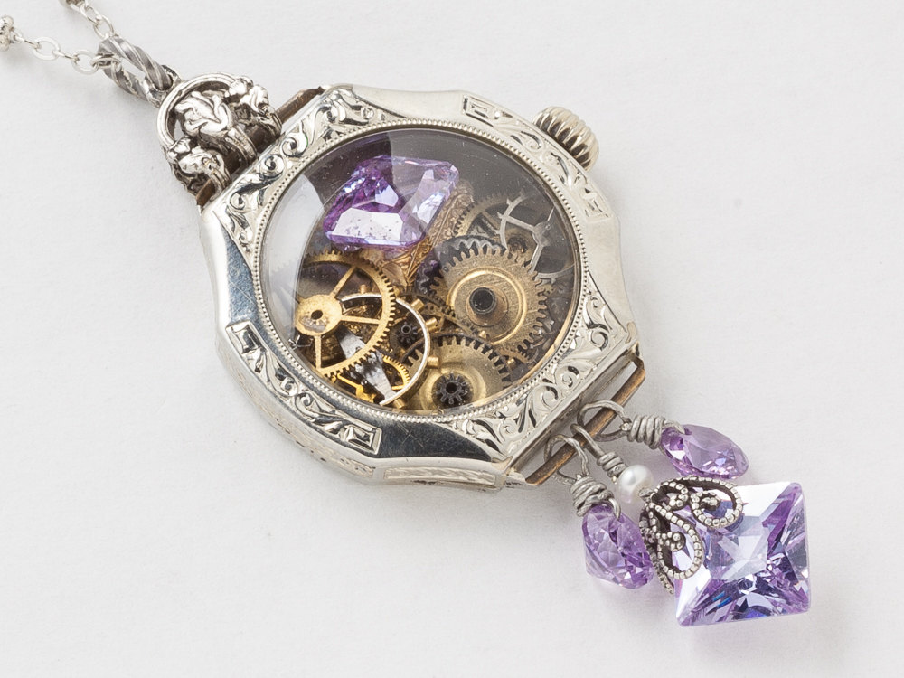Steampunk Necklace 14k white gold filled watch case gears dragonfly pendant lilac amethyst crystal pearl Statement necklace
