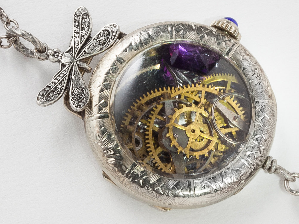 Steampunk Necklace 14k white gold filled watch case gears silver bird dragonfly genuine amethyst pearl locket