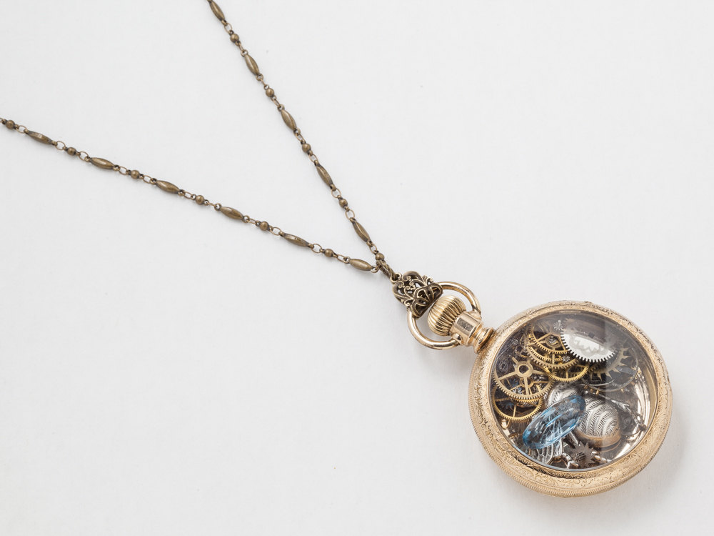 Steampunk Necklace Antique 14k gold filled pocket watch case gears wheels blue aquamarine pendant silver bumble bee necklace