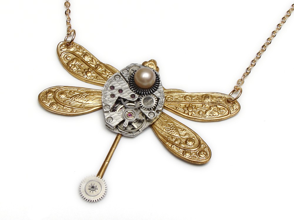 Steampunk Necklace antique 17 ruby jewel watch movement gears circa 1940 silver gold floral motif dragonfly with genuine pearl and chain pendant