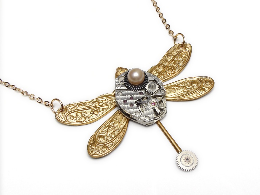 Steampunk Necklace antique 17 ruby jewel watch movement gears circa 1940 silver gold floral motif dragonfly with genuine pearl and chain pendant