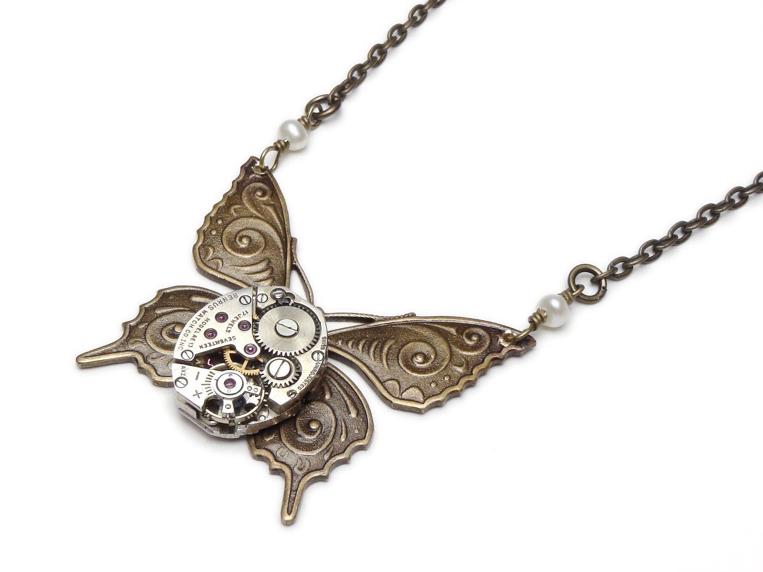 Steampunk Necklace antique 17 ruby jewel wristwatch movement circa 1940 silver gold brass butterfly with genuine pearls vintage pendant