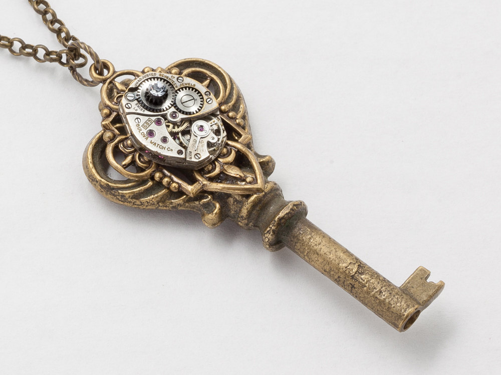 Steampunk Necklace Antique brass skeleton key silver watch movement gears with Swarovski crystal gold filigree pendant necklace jewelry