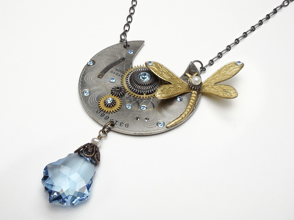 Steampunk necklace antique cogs gears pocket watch plate circa 1890 genuine pearl blue swarovski crystal silver gold dragonfly brass guilloche engraved vintage pendant