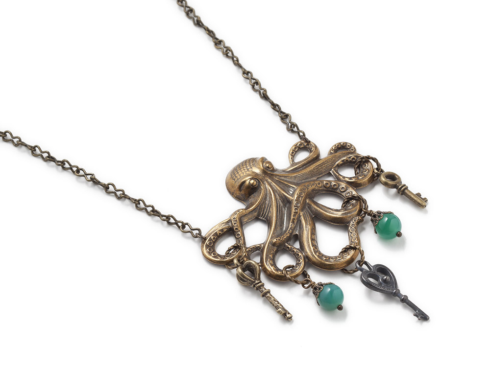 Steampunk necklace antique gold brass Victorian styled octopus pendant skeleton keys genuine green agate filigree