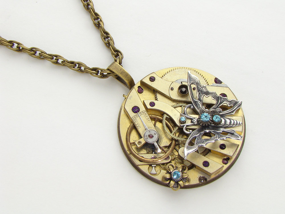 Steampunk Necklace antique gold key watch movement silver butterfly flower blue Swarovski crystal