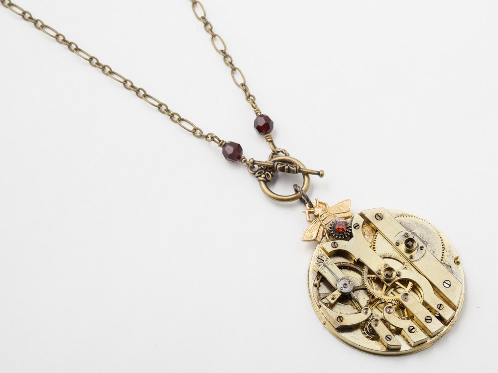 Steampunk Necklace antique gold key wind pocket watch movement Bee charm genuine red garnet