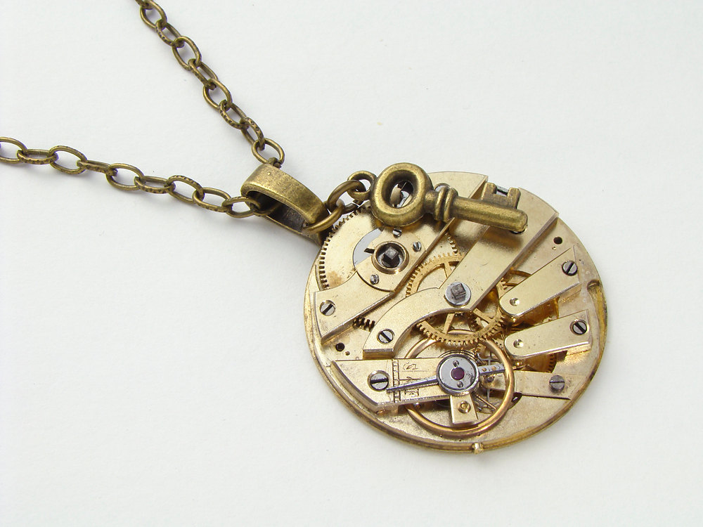 Steampunk Necklace antique gold key wind pocket watch movement brass skeleton key charm unisex