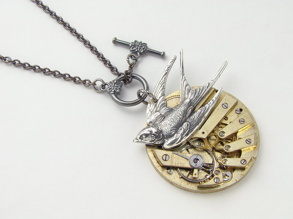 Steampunk Necklace antique gold key wind pocket watch movement gears brass silver swallow bird pendant jewelry