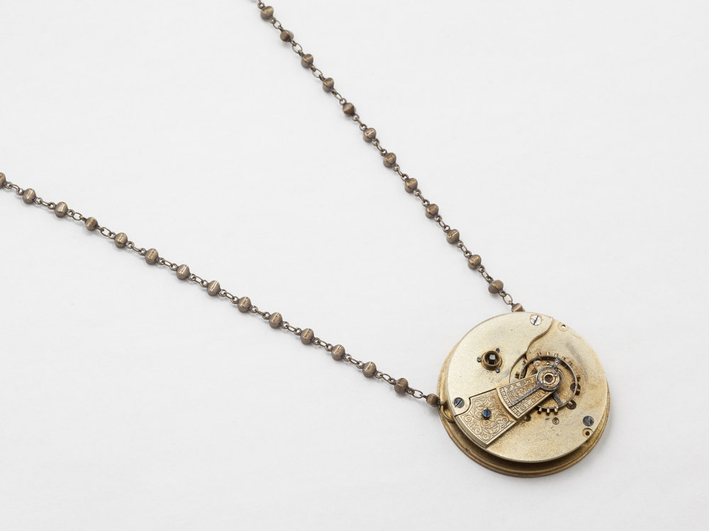Steampunk Necklace Antique gold key wind pocket watch movement gears Victorian pendant Steampunk jewelry Statement Necklace