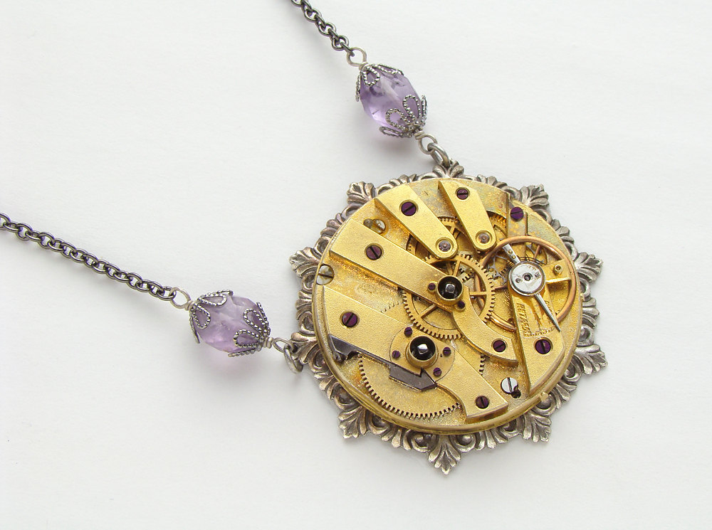 Steampunk Necklace antique gold key wind pocket watch movement genuine purple amethyst silver