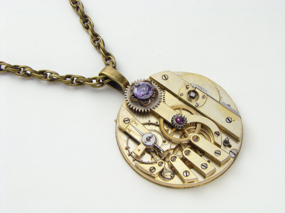 Steampunk Necklace antique gold key wind pocket watch movement purple amethyst crytsal unisex pendant jewelry